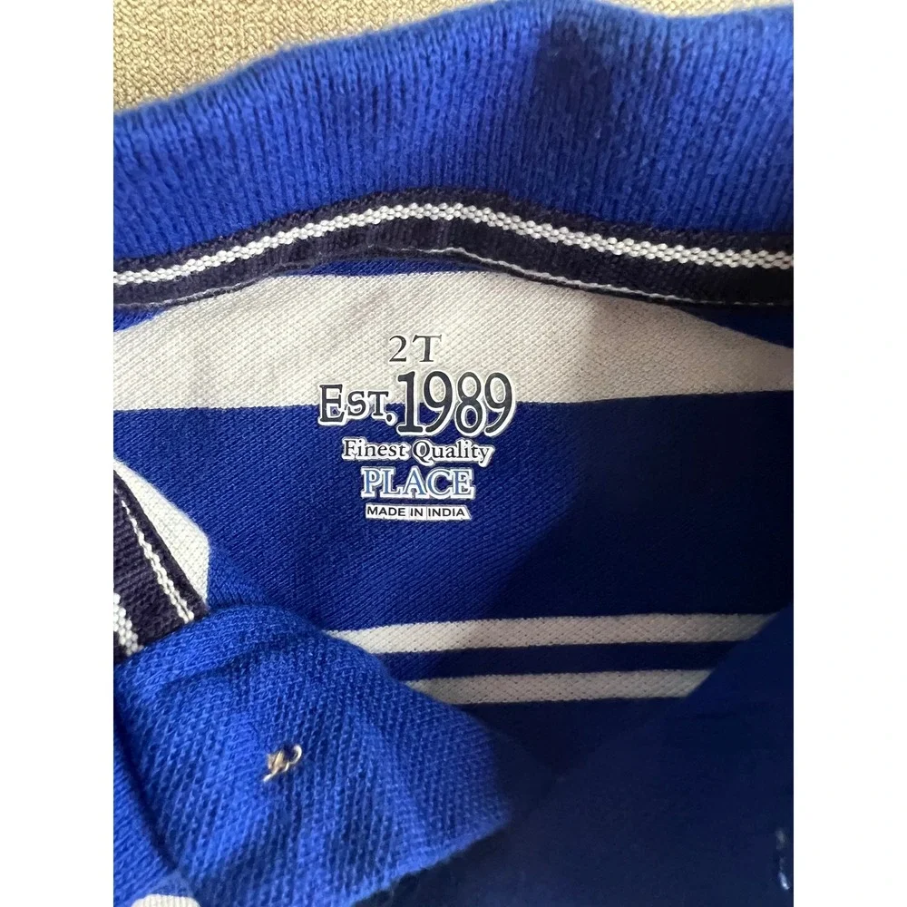 The Childrens Place Boys Blue White Striped Monster Polo Shirt 2T Cotton